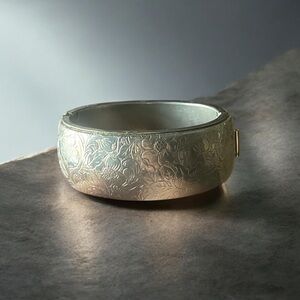 Victorian Revival Gold Tone Floral Engraved Hinged Bangle Bracelet